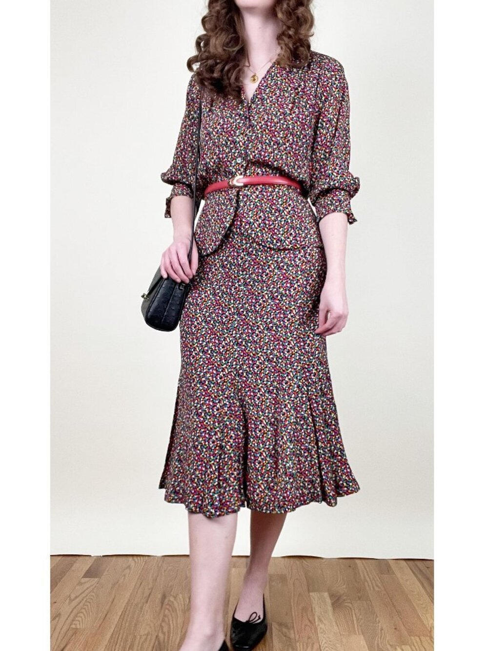 Vintage 80s 90s Liz Claiborne Midi Skirt Blouse Suit Set Confetti Print Rainbow